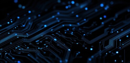 Fototapeta premium Highly detailed close-up of a digital circuit board with glowing blue electronic pathways and microchip components on a futuristic technology background