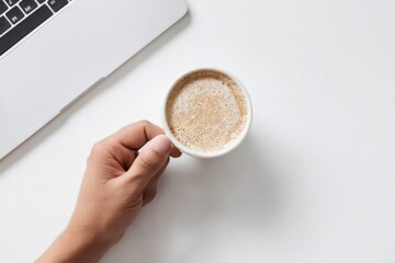 Close-up of a hand holding a cup of coffee with frothy milk in a white ceramic mug on a clean white surface near a silver laptop computer