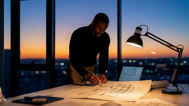 Young african american architect meticulously reviews and annotates blueprints under a desk lamp in a contemporary office, with a panoramic cityscape and vibrant sunset as backdrop