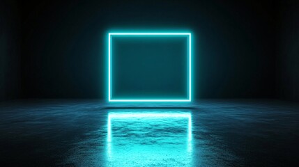 Futuristic neon blue rectangular light frame in a dark empty room with reflections on the glossy floor.