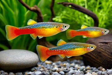 Three colorful neon dwarf rainbowfish swimming in aquarium