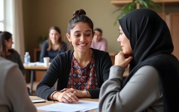 Dedicated volunteers providing essential support and resources to refugees in a community center, emphasizing compassion and integration into society. High quality