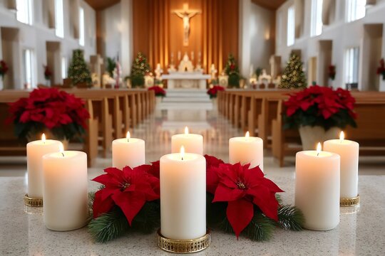 Burning advent candles decorating church altar during christmas season