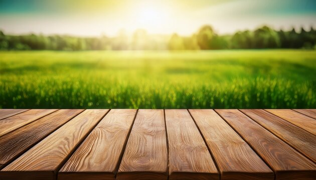 rustic wooden planks foreground a blurred sunlit green field suggesting natural abundance and rural tranquility