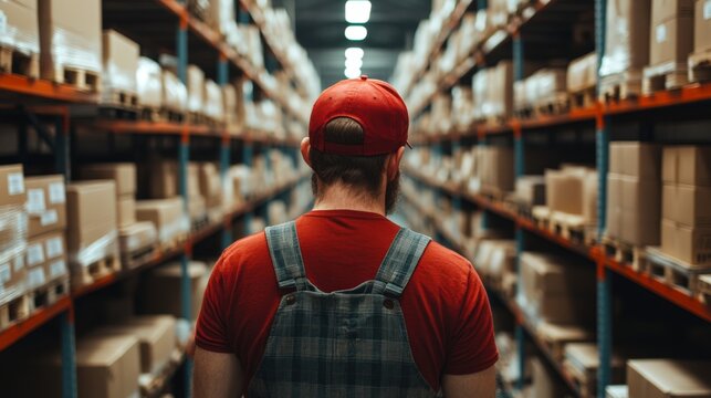 A man in a red cap and overalls stands in a warehouse, facing long aisles of stacked boxes, capturing the essence of logistics and inventory management