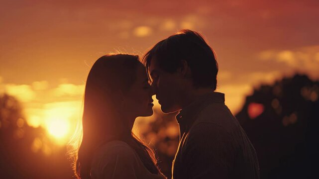 Young couple kissing at sunset