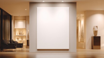 Elegant modern living room interior with minimalist design, cozy seating area, decorative sculptures, large blank wall for art display