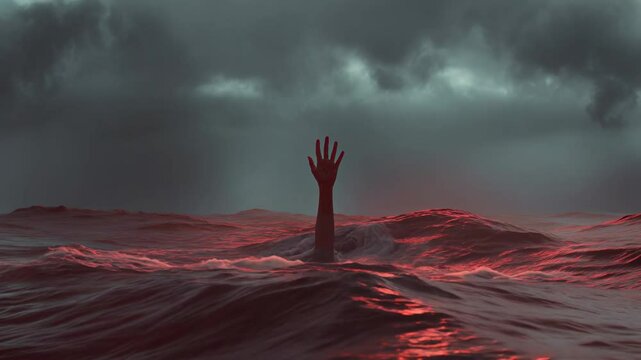 A hand coming out of the ocean, storm clouds over a red sea.