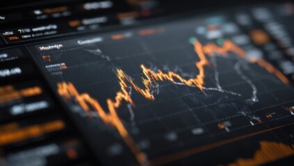 Financial stock market chart displaying candlestick patterns and line graph with rising and falling trends on digital trading platform screen