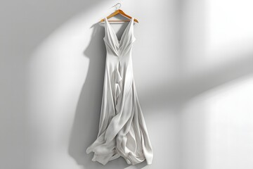 Elegant satin evening gown on hanger, photorealistic with light reflection and natural folds. Designed for luxury branding. No people shown.