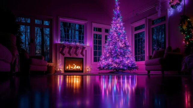 A living room with a christmas tree and a fireplace in the background