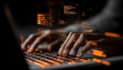 close-up of hands typing on a backlit keyboard with digital code projections and futuristic interface elements in a dark modern environment