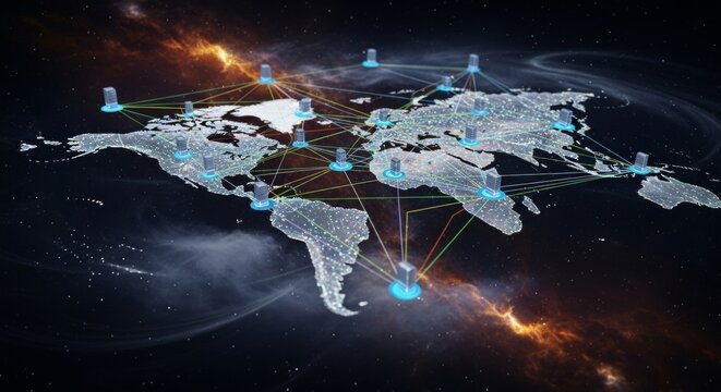 Global Network Infrastructure: Worldwide Server Connections and Data Transfer Visualization - Powered by Adobe