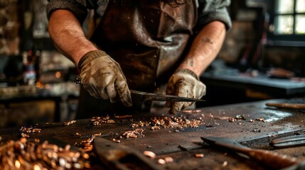 Craftsman Shaping Metal at Workshop with Expertise: Blacksmith Forging Blade, Artistic Metalwork, Traditional Craftsmanship, Industrial Scene, Focus on Detail and Skill