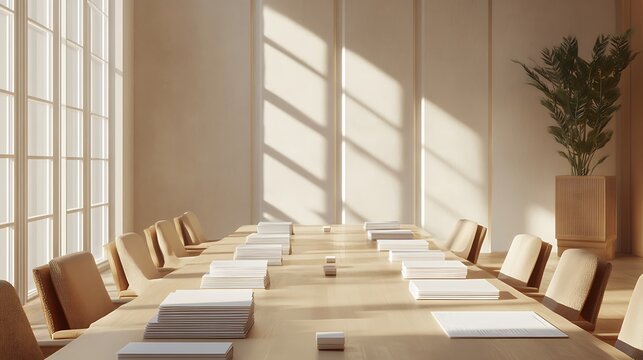 Large conference table with minimalist decor, lined folders and paper stacks ready for client presentation 