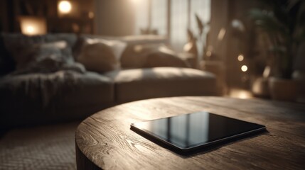 Modern living room interior with cozy sofa soft lighting warm ambiance decorative plants and a tablet on wooden coffee table
