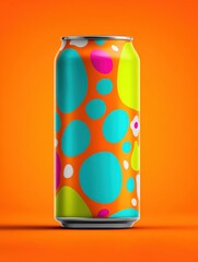 Obraz premium Colorful Patterned Beverage Can with Bright Polka Dot Designs and Vibrant Orange Background for Refreshing Drink Promotion