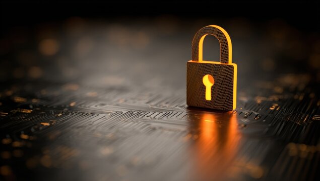 Close-up of a 3D wooden padlock on a textured surface illuminated with warm light symbolizing security and data protection in digital technology