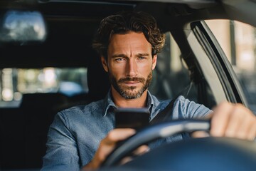 a man looking at his phone while driving