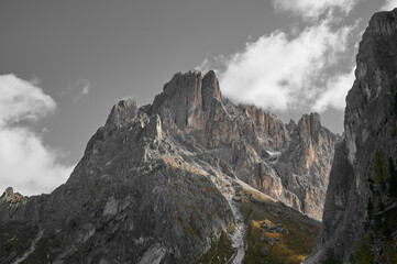 mountain landscape with clouds and grey sky in the dolomites