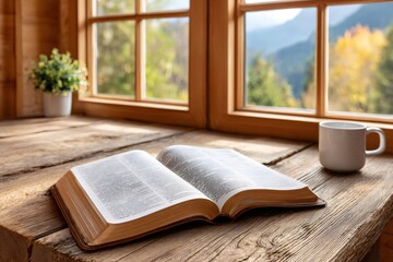 Open holy bible and coffee mug resting on rustic wooden table by window