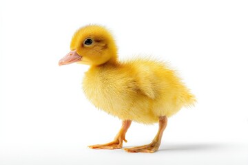 Obraz premium Adorable fluffy yellow baby duckling with soft down feathers on a white background, close-up shot demonstrating innocence and new life