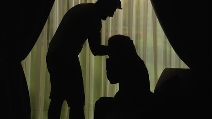 Domestic Conflict Shadowy Silhouette Behind Closed Curtains