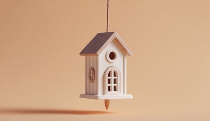 Wooden birdhouse hanging from a thin st mounted on a warm beige wall with soft lighting and minimal decor