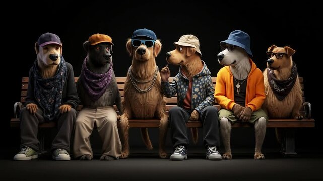 A group of dogs sitting on a bench wearing hats and sunglasses
