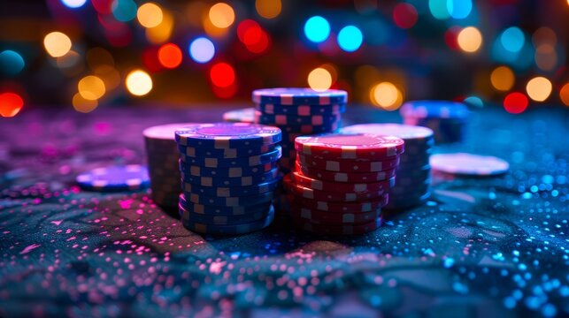 Vibrant casino chips against a blurred backdrop offering generous space for custom text or design