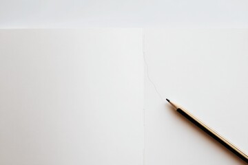 Open blank notebook with a black and gold pen resting on white table surface for writing or drawing creative ideas or notes