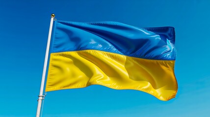 Ukrainian national flag waving on flagpole against blue sky background  
