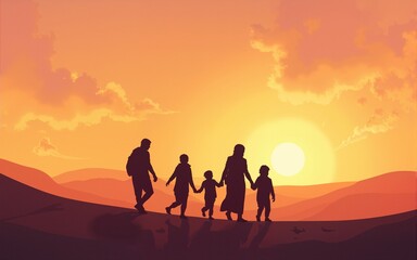 refugee family  walking in the dessert sunset, silhouette, watercolor illustration. Generative AI. High quality
