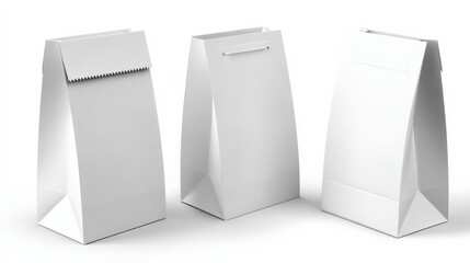 Three blank white paper shopping bags with handles and flat bottom standing on a plain white background for retail and shopping concepts