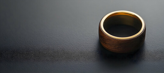 Minimalist wedding ring shot with shiny gold band and dark onyx stone focused in macro close-up on a deep black background for dramatic style

