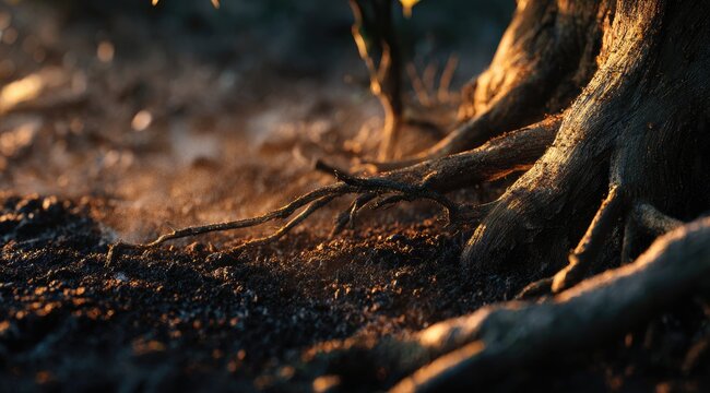Close-up of gnarled tree roots emerging from dark soil at sunrise