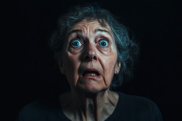 Fototapeta premium Scared Senior Woman on Black Background with Tense Face