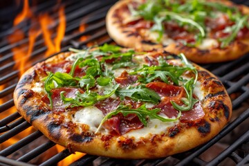 Delicious pizza grilling over flames on barbecue grill
