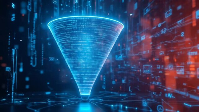 The concept of big data technology and information funnels. Large digital funnels with online data as the process of data collection, analysis, and transformation. 4k video