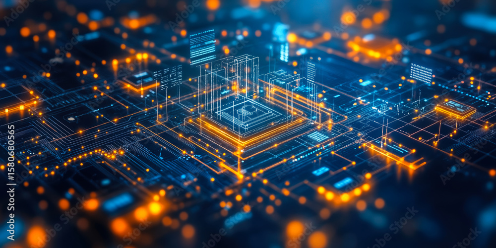 Poster abstract digital circuit board with glowing blue and orange lines representing data flow and technol
