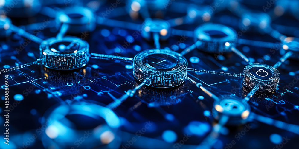 Poster close-up of interconnected futuristic circular digital interfaces with glowing blue data nodes and t