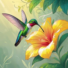 Obraz premium Illustration of a hummingbird drinking nectar from a flower created with AI Generated