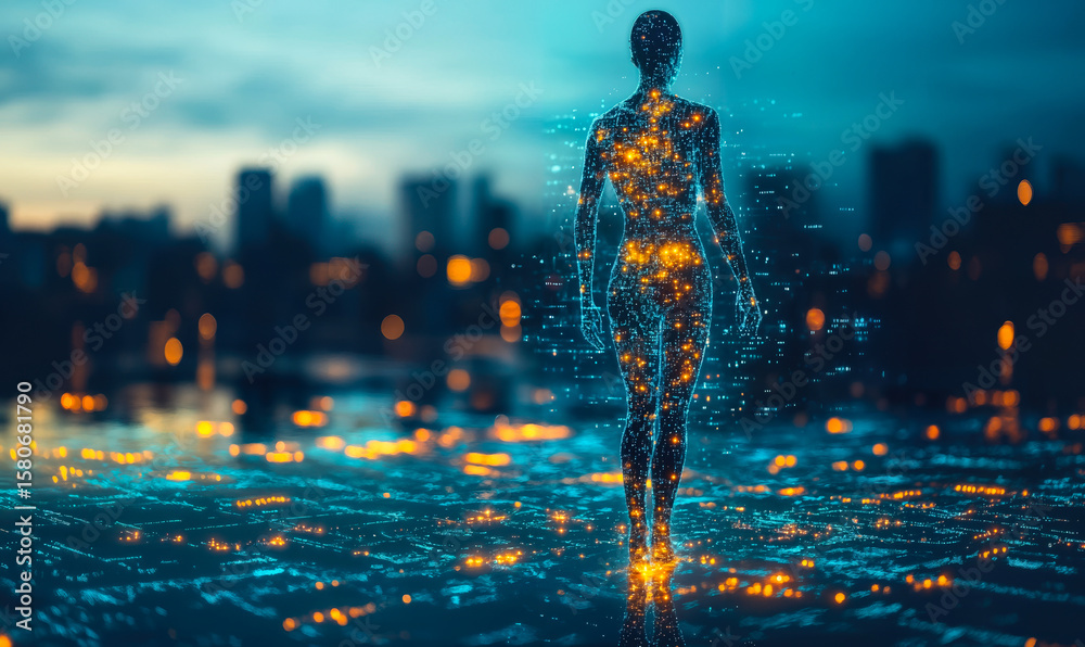 Poster digital human figure composed of glowing data points and lines symbolizing advanced technology and a
