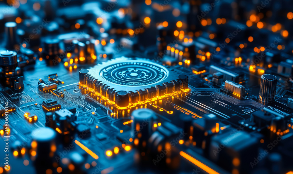 Poster futuristic glowing circuit board with central processor chip illuminated by blue and orange led ligh