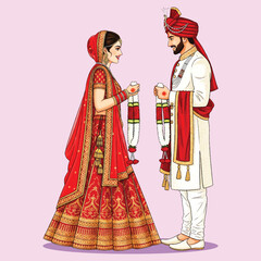 Traditional Indian Wedding Couple Illustration Performing Jaimala Ceremony &ndash; Bride and Groom in Red and White Attire