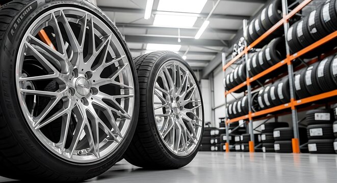 Close up of two silver alloy car wheels and tires in a warehouse with stacked tires automotive