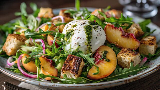Gourmet salad with burrata, peach, croutons and arugula