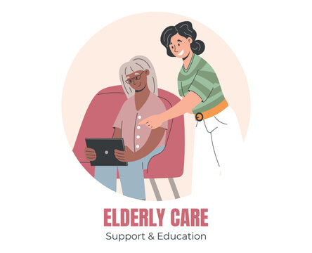 Vector cartoon of elderly woman sitting in an armchair at home using a tablet with help from younger woman. Senior digital education and tech support. Concept of elderly care and learning.