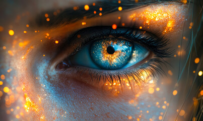 Close-up of human eye with radiant blue iris and glowing golden light particles on skin, macro detail and vibrant color contrast in digital art style