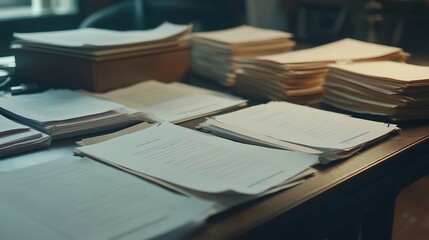 Tabletop with executive folders, white documents, and printed agenda notes arranged in orderly fashion 